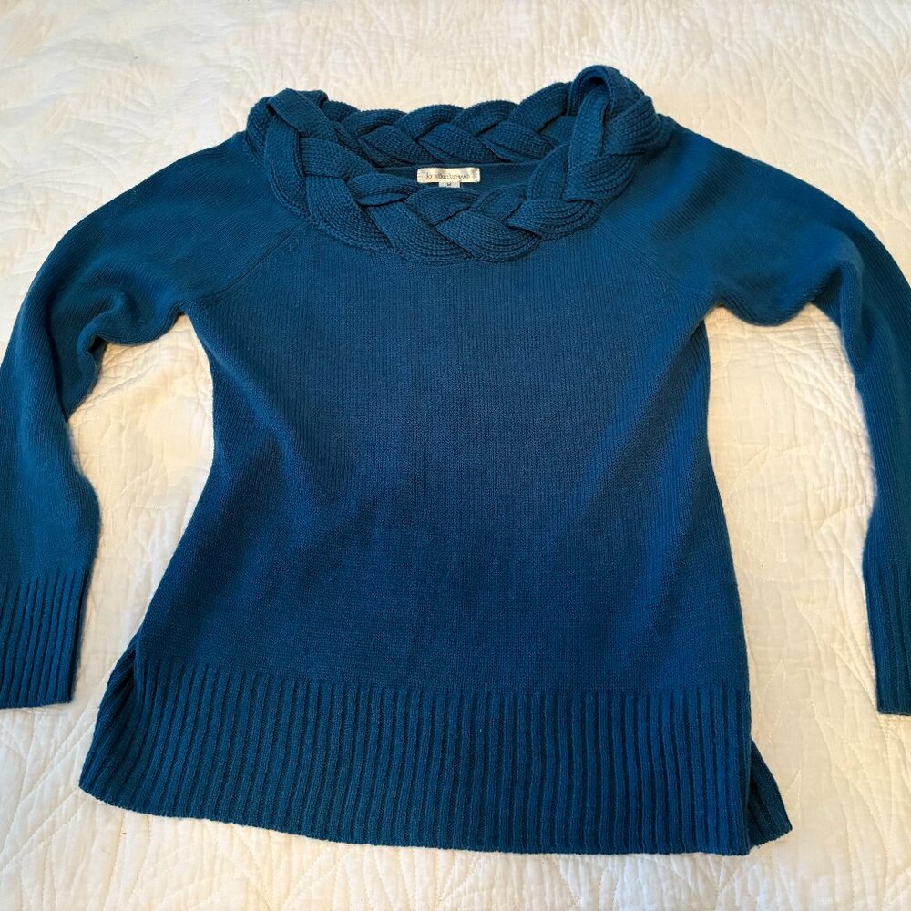 John Paul Richard Blue sweater with stand out round braided neckline, Blue Sz M